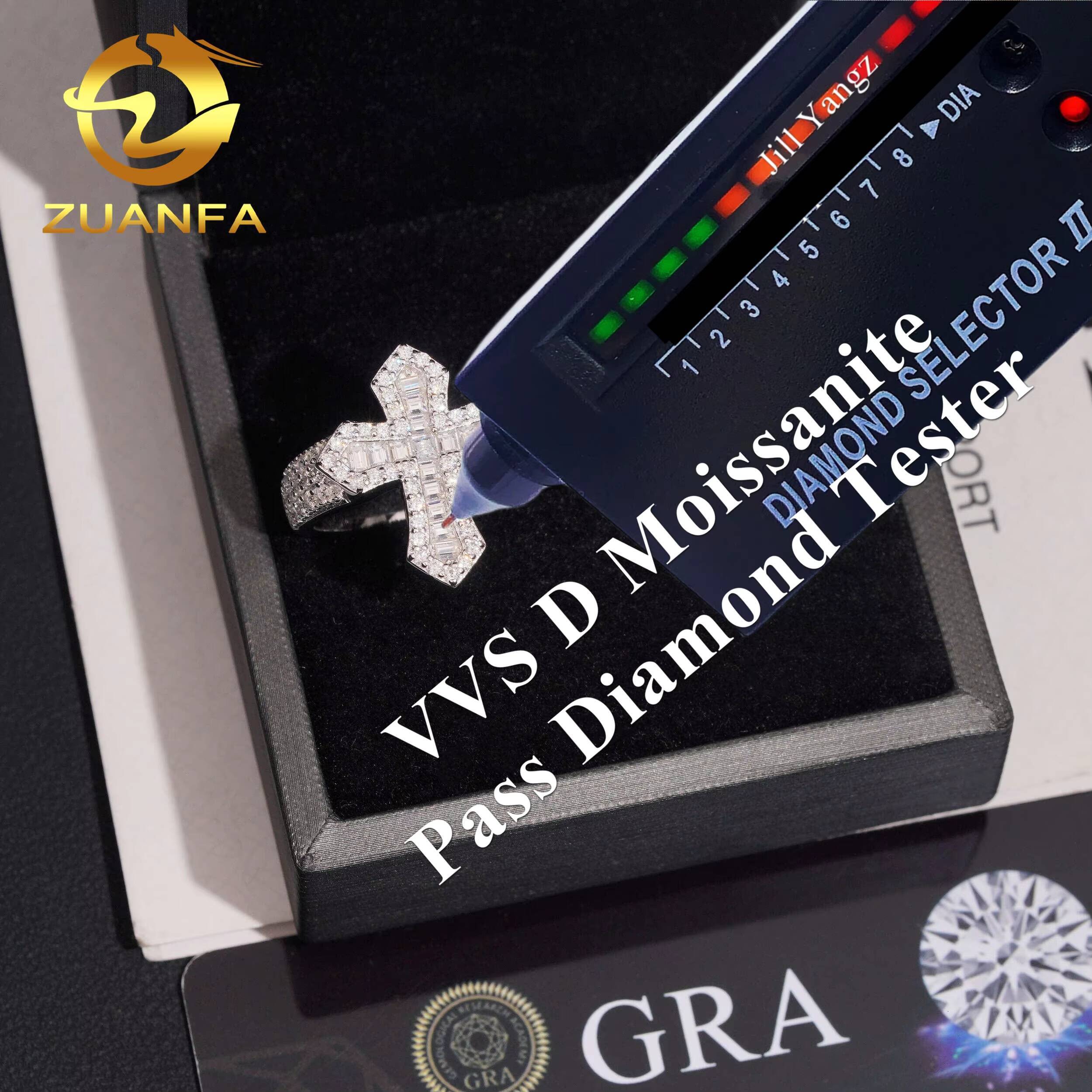 Affordable Fine Jewelry Ready to Ship GRA 925 Solid Silver Baguette Moissanite Ring Iced Out Ring Men Diamond Ring Cross Ring