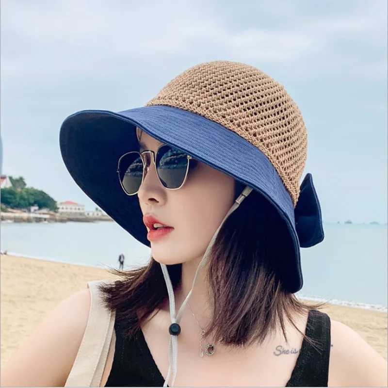COKK Summer Hats For Women Knitted Breathable Foldable Sun Hat With Bow Sun Protection Sunshade Korean Beach Hat Cap Travel New H260317 - view 5