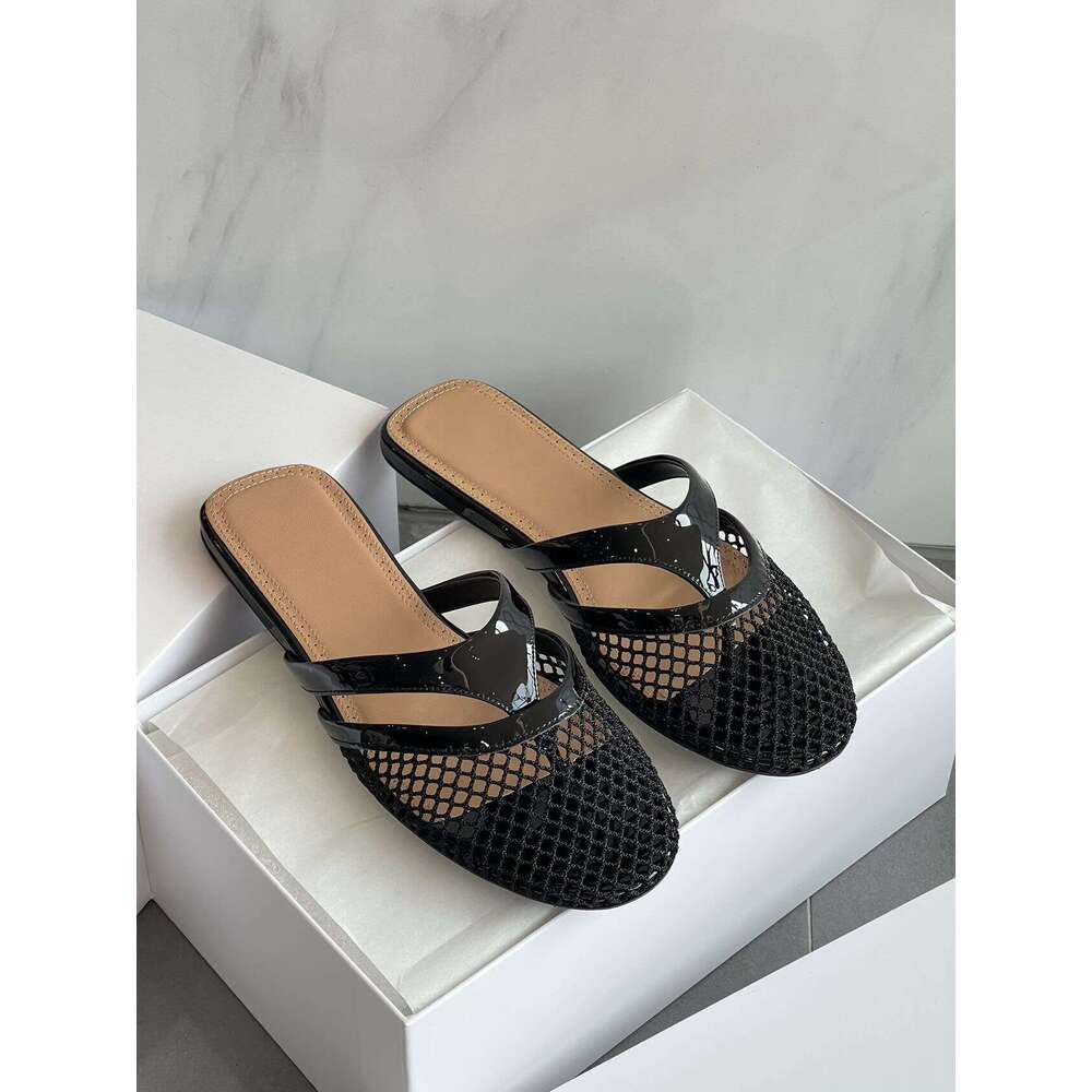 Women Supplies Spring New Fishnet Hollow Out Breathable Flip Flop Sandals With Closed Toe And Flat Sole