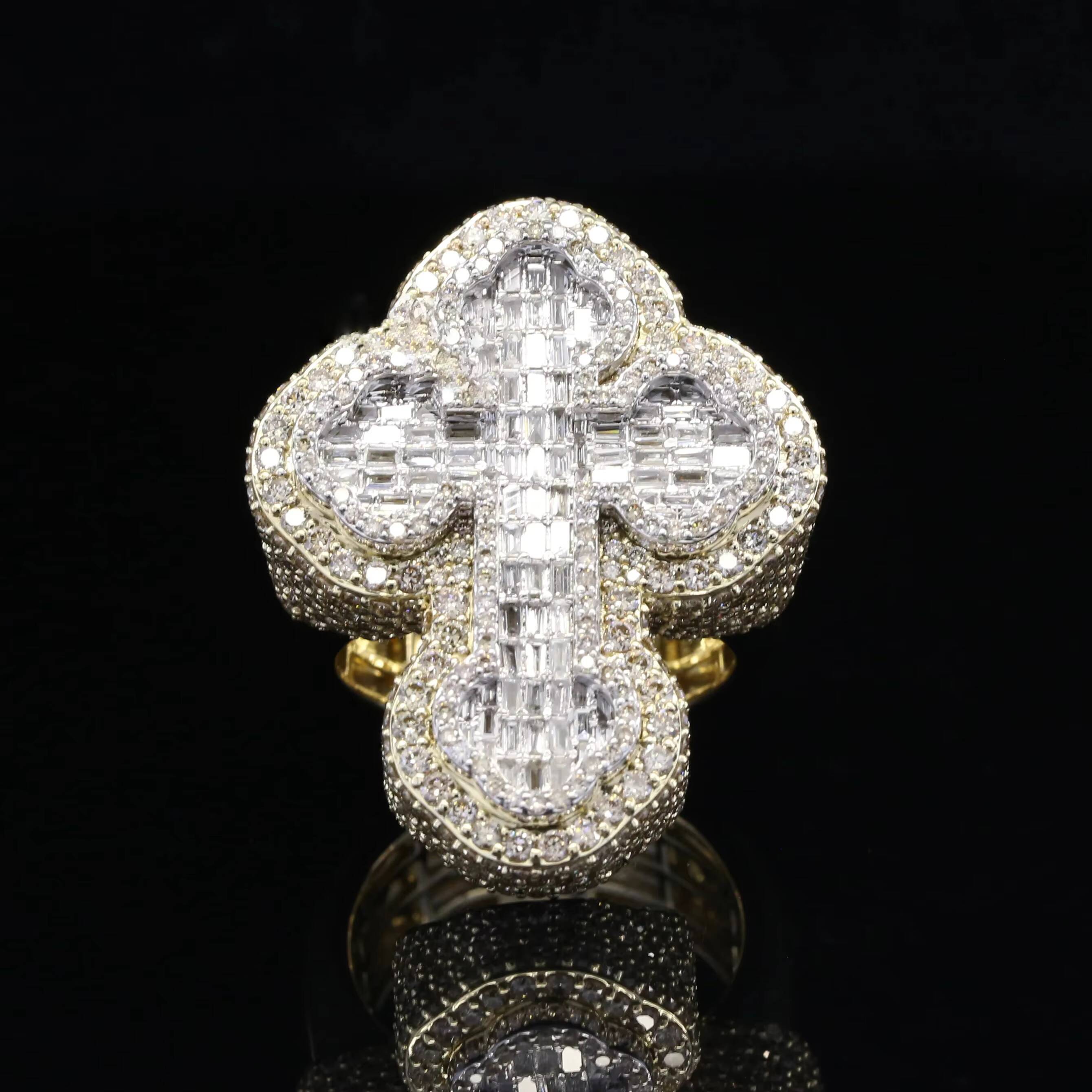 Fancy Iced Out Hip Hop Jesus Cross Wedding Ring with Lab Grown Diamonds in Brilliant Baguette Cut IGI Certified 14kt Yellow Gold