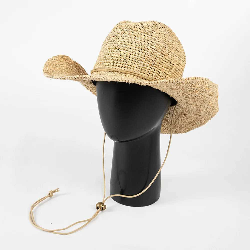 Trendy Handmade Crochet Raffia Straw Denim Hat with Adjustable Strap for Outdoor Sun Protection Casual Summer Fashion Sun Hat H260317