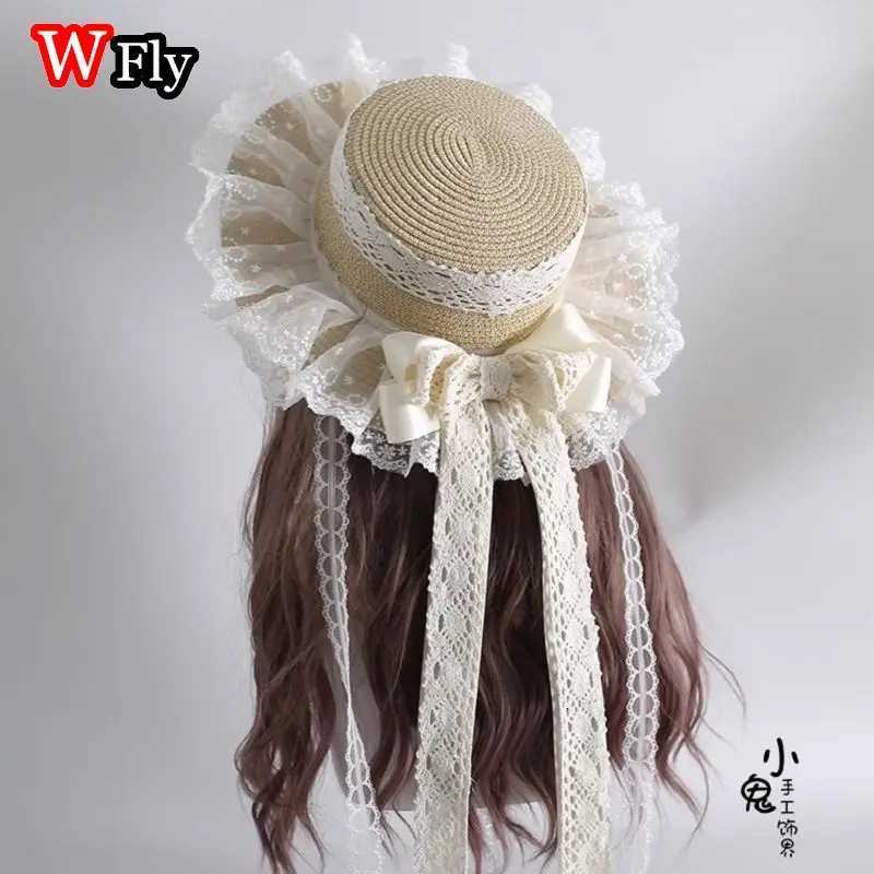 Harajuku Women Girls Straw Hats Beach Sun Hat Sweet Lolita Kawaii Princess ribbon Floral Lace Bow Straw Hat Female Handmade H260317 - view 4