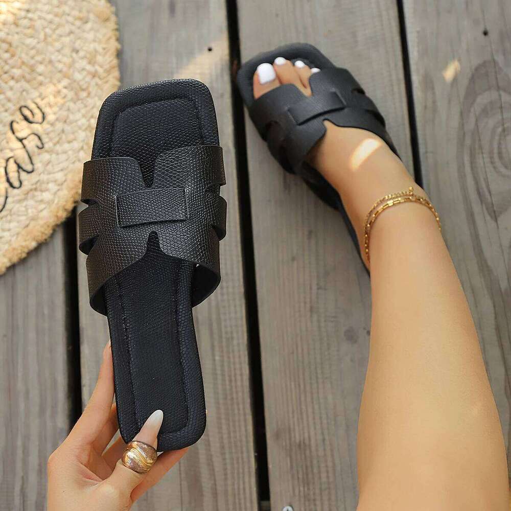 Solid Color Lightweight Sandals Square Toe Slip on Shoes Trend Casual Flat Slippers Luxury Slides Women