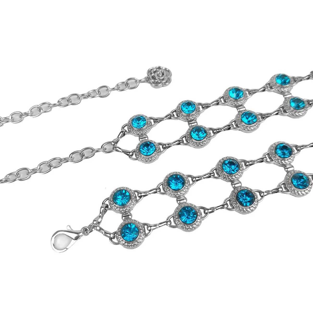 Fashion blue rhinestone waist chain luxury ethnic style silver hollow chain decorated with thin waist belt women accessories H260316 - view 4