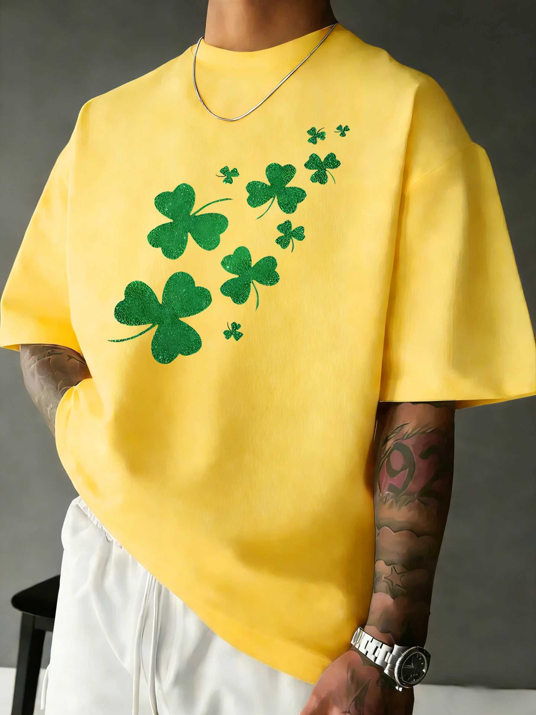 Green Cloversprinting Fashion Basics T-Shirt Man Cotton Crewneck Comfy T Shirts Summer Loose Clothes Commute Sport Short Sleeve M260317