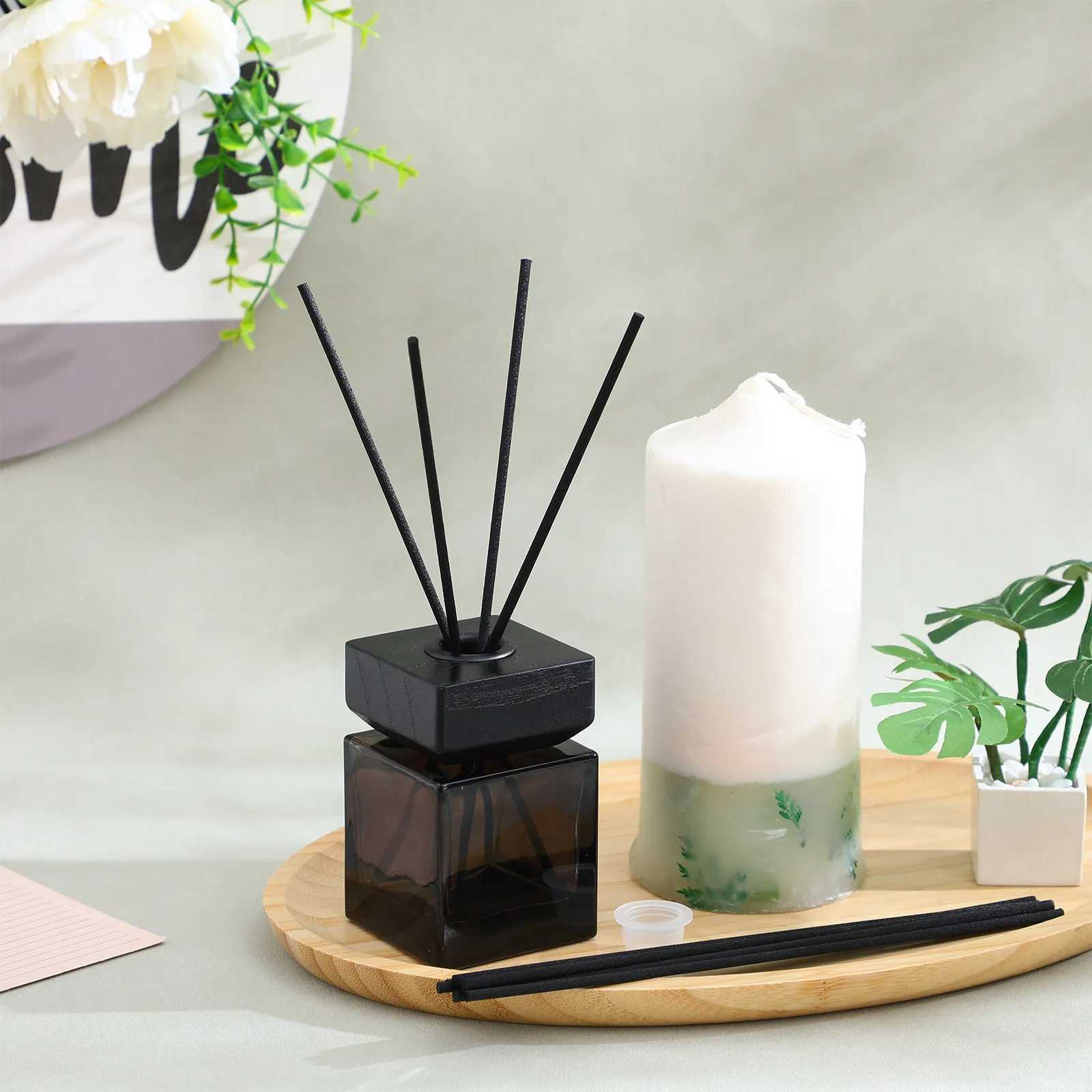 1Set Refillable Aroma Diffuser Jar Rattan Aroma Diffuser Bottle Wooden Lid Glass Aromatherapy Bottle Set No Fire Fragrance Home D260317