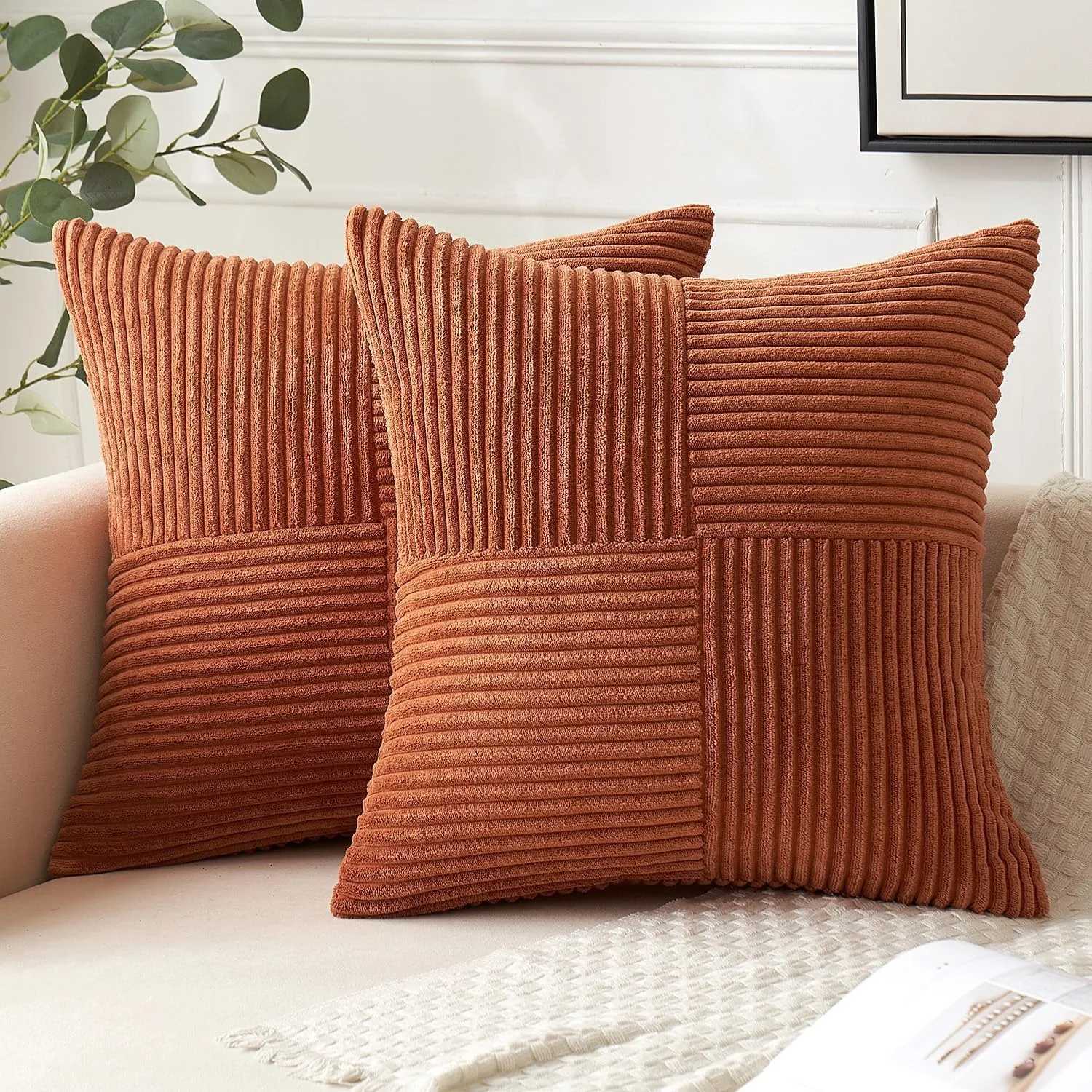 Beige Throw Pillow Covers 18inch Pillowcase Solid Corduroy Striped Cross Patchwork Textured Cushion Covers Home Decor for Couch D260317