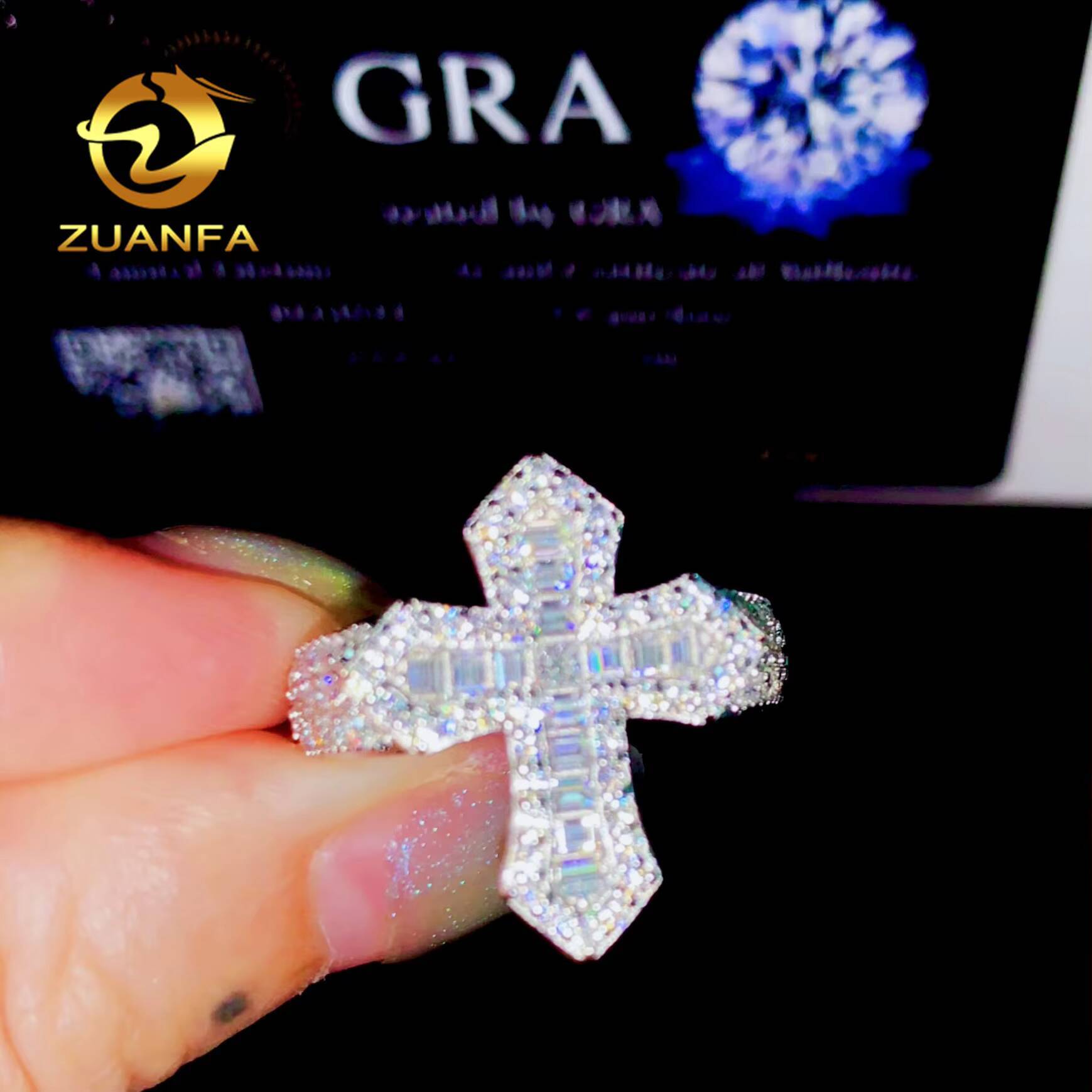 Affordable Fine Jewelry Ready to Ship GRA 925 Solid Silver Baguette Moissanite Ring Iced Out Ring Men Diamond Ring Cross Ring