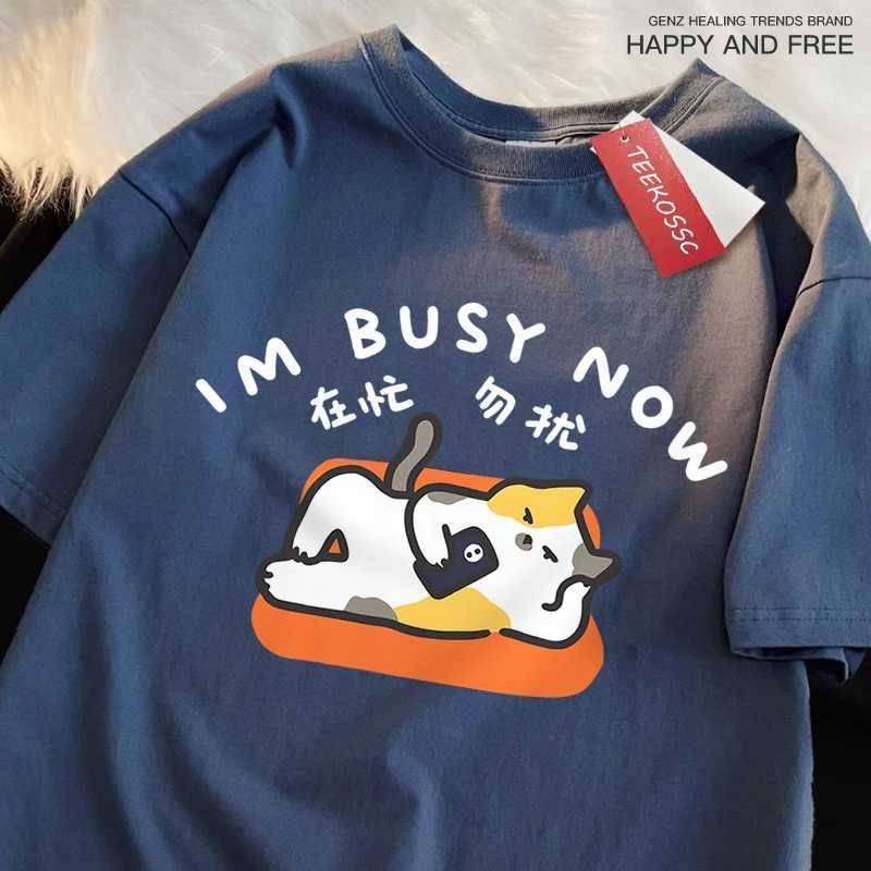 Im Bust Now Lying Flat Cat Print Japanese Style T Shirts Male Fashion Loose T-Shirts Casual O-Neck Tshirt Cotton Tees Tops M260317