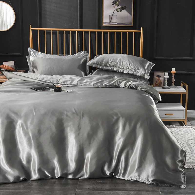 Solid Silk Bedding Set with Bed Sheet Duvet Cover Pillowcase Satin Single Couple Bedsheet King Queen Double Twin Size D260317