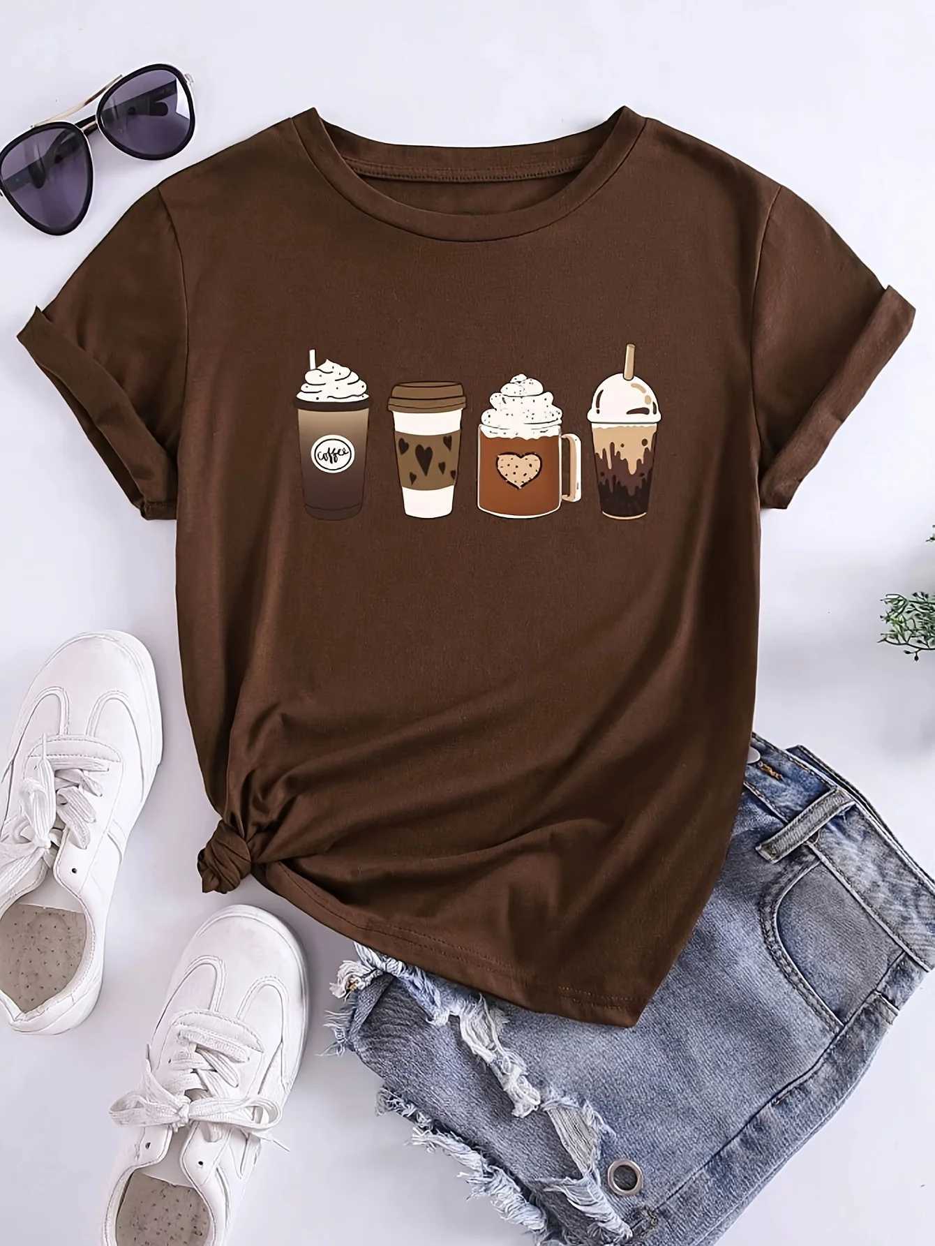 Coffee Lover Graphic Womens Tee - Cute Coffee Cups Print Casual Brown Top M260317