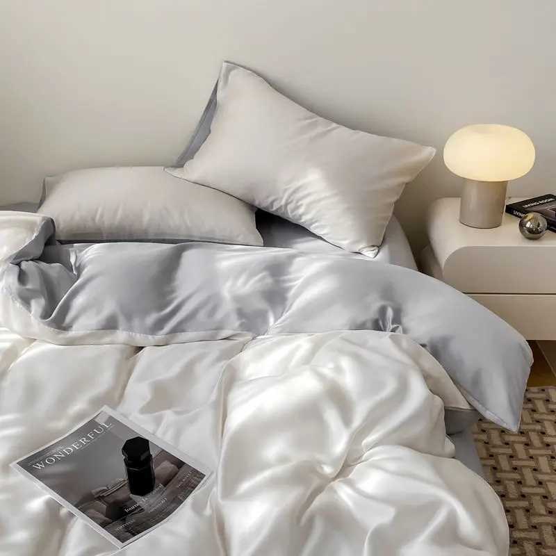 Summer Bedding Set Luxury Ice Silk Four Piece Set Washed Silk Bed Sheet and Quilt Cover Set Summer Cool Feeling Soft Smooth D260317