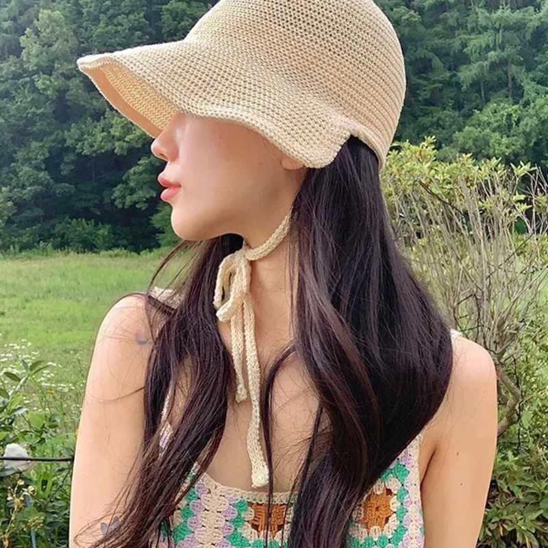 Summer Straw Sun Hat for Women Japanese Cute Strap Cap Summer Travel Versatile Sunscreen Wide Brim Bucket Hats H260317