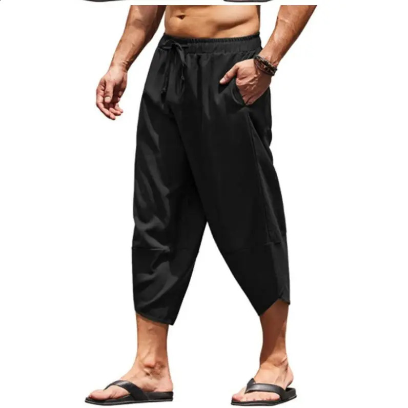 Men Summer Solid Color Pants Harem Shorts Men Elastic Waist Drawstring 3/4 Length Cropped Trousers Baggy Sweatpants260302