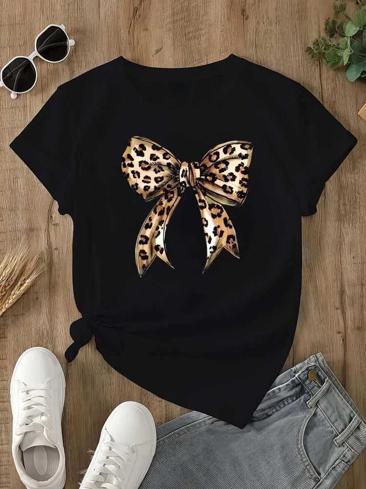 Summer New 90s Leopard Print Bow Short Sleeve Print Clothing Womens T-Shirt Harajuku Graphic Clothing Womens Top Tee M260317