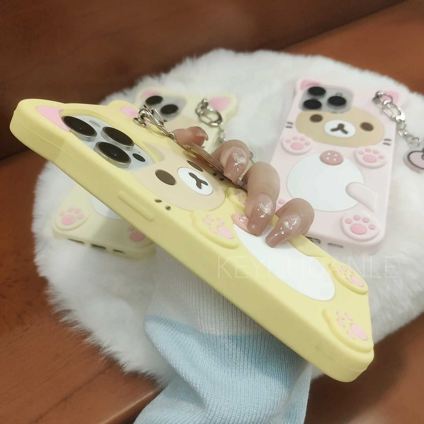 Cute Cartoon 3D Rilakkuma Phone Case For iPhone 17 16 15 14 13 12 11 Pro X XS Max XR 6 7 8 Plus 5 5S SE Key Chain Pendant Cover C260314