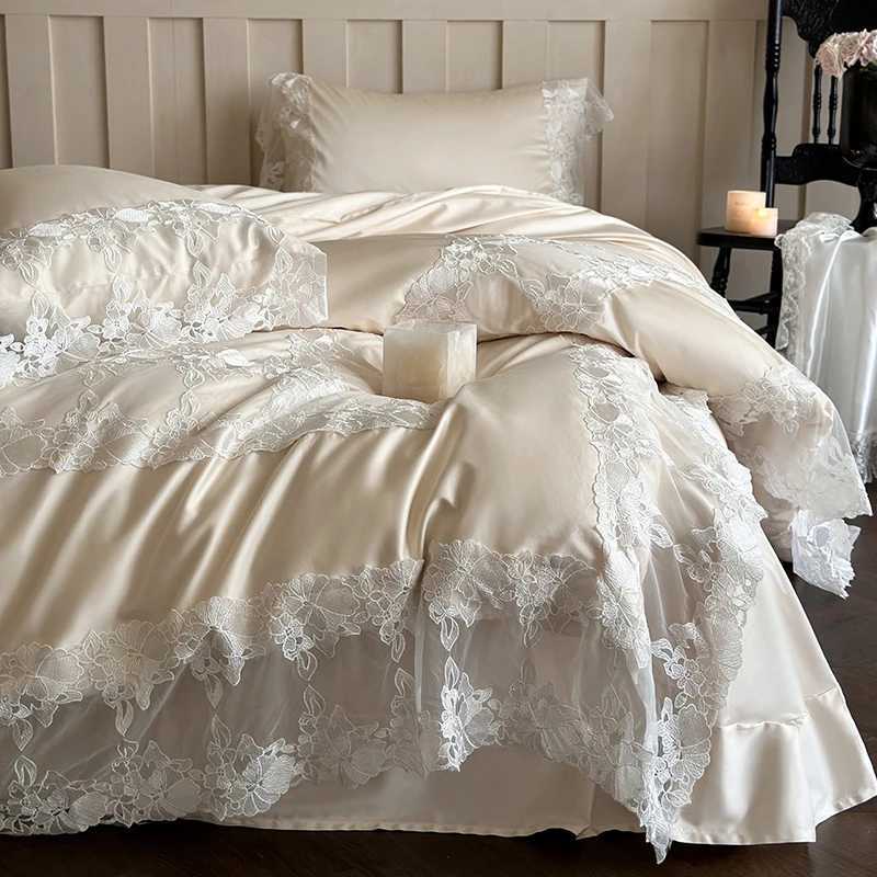 Romantic White Flowers Lace Princess Wedding Bedding Set 100S Egyptian Cotton Duvet Cover Flat/Fitted Bed Sheet Pillowcases 4Pcs D260317