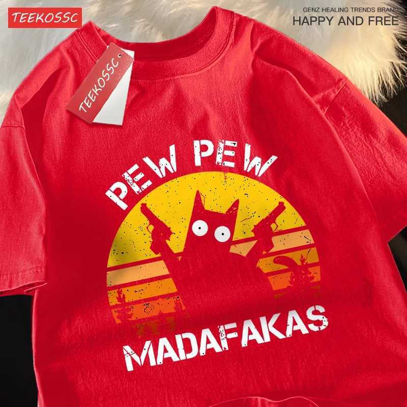 Pew Madafakas Cat With Two Guns T-Shirts Man Street Summer Short Sleeve Harajuku Cotton Tshirt Oversized Breathable Tops M260317