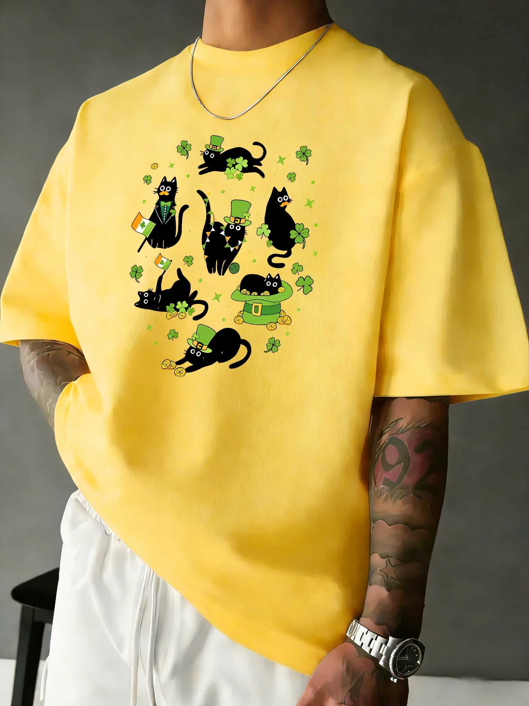 St PatrickS Day Black Catspattern Soft Tshirt Man Summer Beach Short Sleeve Comfortable Loose T-Shirt Cotton All-Match Clothes M260317