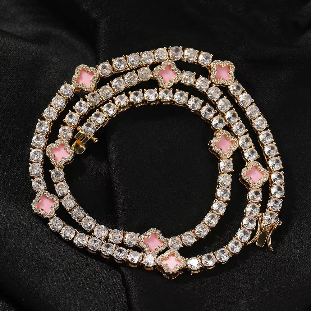 UWIN Mini Pink Clover Tennis Necklace Gold Plated 4 Leaf Clover 4mm Iced Out Tennis Chain Necklace Fashion Jewelry