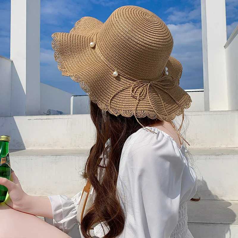 Girls Pearl Woven Straw Hat Children Sunshade Sunscreen Seaside Beach Hat Kids Outdoor Seaside Large Brim Sunscreen Straw Hats H260317 - view 3