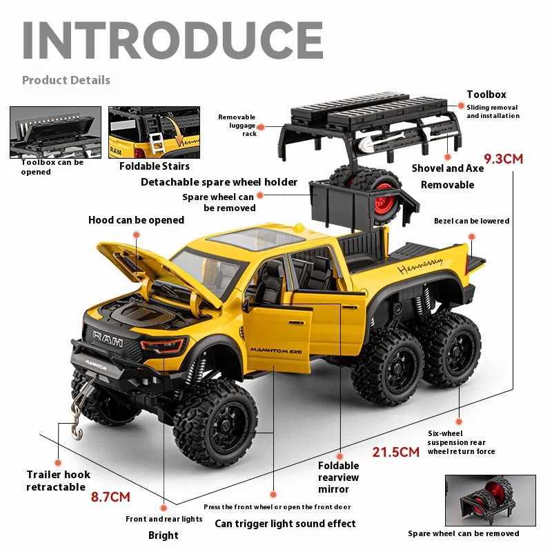 Large Size 124 Mammoth 6X6 Off-road Pickup Truck Childrens Toy Car Simulation Alloy Car Model Ornament Boy Gift D260317