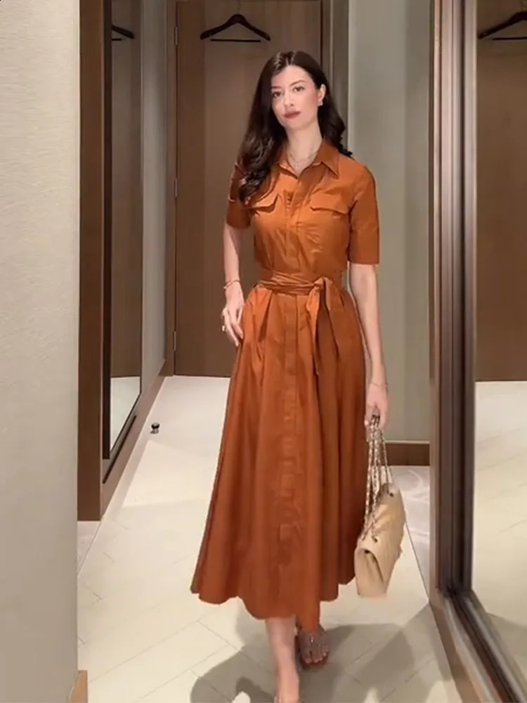 Fashion Pleated Waistband Long Dress Women Lapel Short Sleeve A-line Maxi Shirt Dresses Summer Lady Casual Street Outfit 260312 - view 4