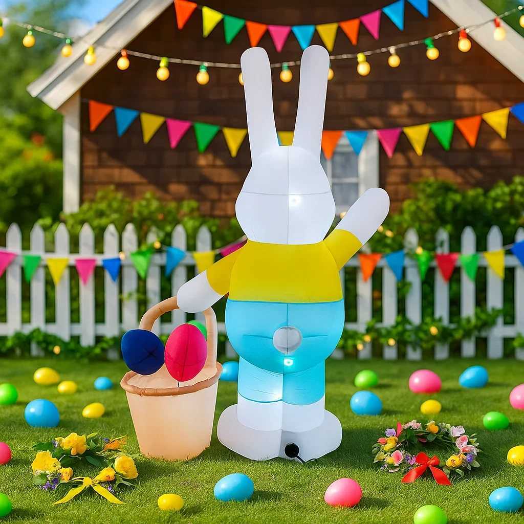 7FT Easter Inflatable Rabbit Carry Basket Decor LED Lights Festive Airblown Yard Ornament Easter Decorations Easter Inflatable H260316
