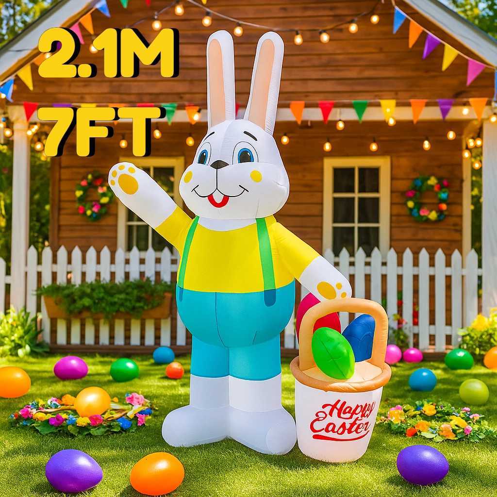 7FT Easter Inflatable Rabbit Carry Basket Decor LED Lights Festive Airblown Yard Ornament Easter Decorations Easter Inflatable H260316