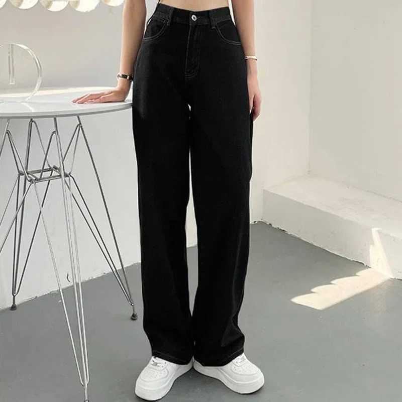 Woman High Waist Vintage Punk Wide Leg Jeans Female Wild Streetwear Straight Leg Pants s Fashion Beige Black Denim Trousers M260317