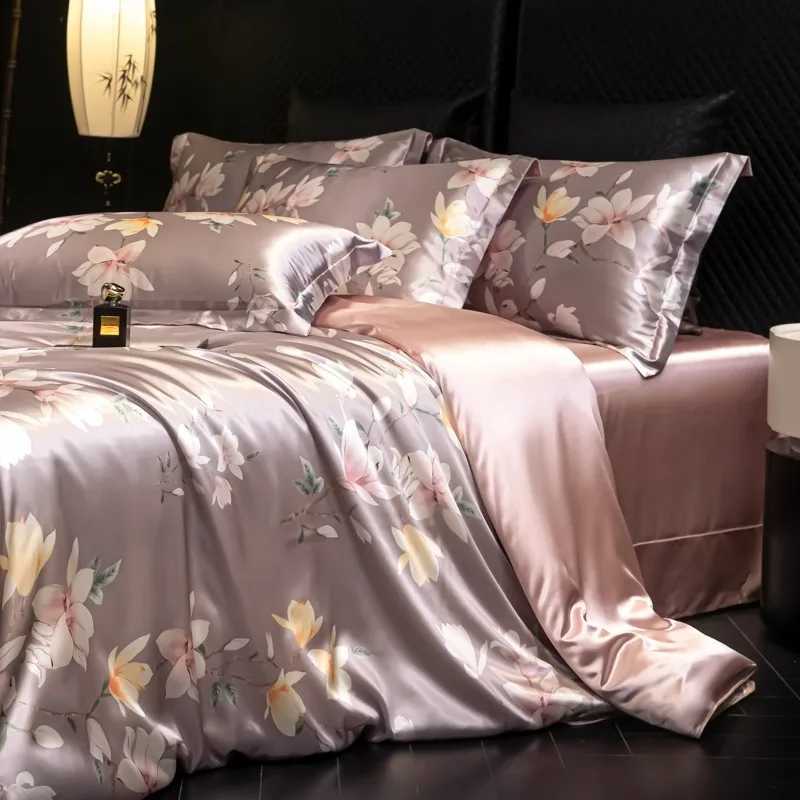 4pcs printed luxury high-end silk bedding set soft satin single double duvet cover pillowcase flat sheet or fitted sheet set D260317