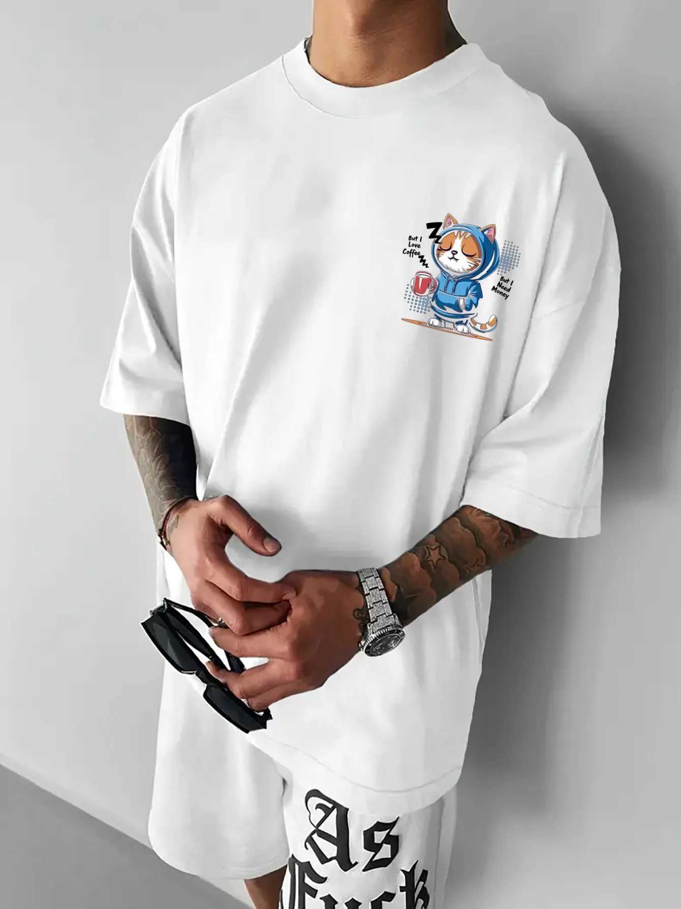 Men Summer Fun Cat Letter Pattern T-shirt 100 Pure Cotton Soft Material Trendy Fashionable Versatile and Suitable for Daily Use M260317