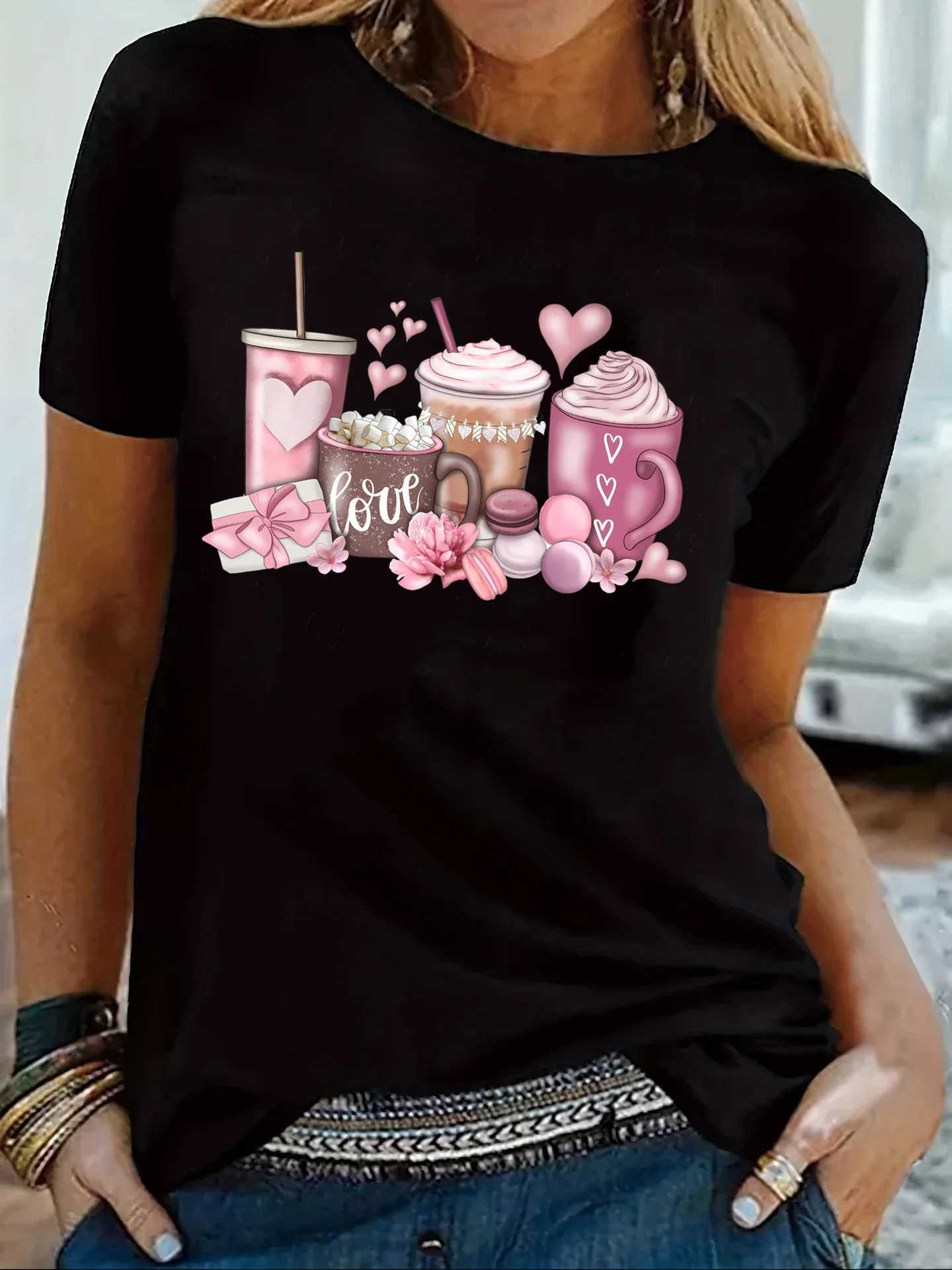 Pink Coffee Love Womens Tee - Sweet Drinks Graphic Cozy Casual Print for Daily Wear M260317