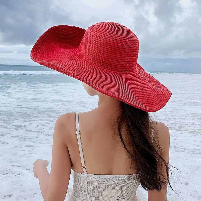 15cm Wide Brim Straw Hats For Women Summer Floppy Foldable Portable Beach Hat Girls Simple Solid Color Uv Protection Lady Panama H260317 - view 7