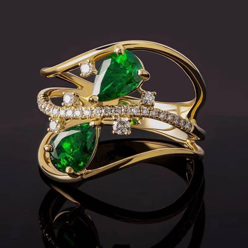 T0926 Womens Cocktail Ring Emerald Pear Shape Prong Setting Natural Stone Engagement Fashion Jewelry