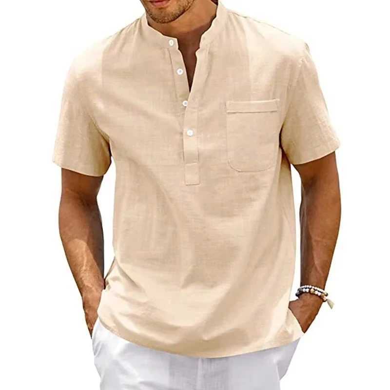 Summer Mens Cotton Short Sleeve T-shirt Solid Color Stand Collar Loose Pullover Shirt Thin Soft Comfortable Button T-shirt Top M260317