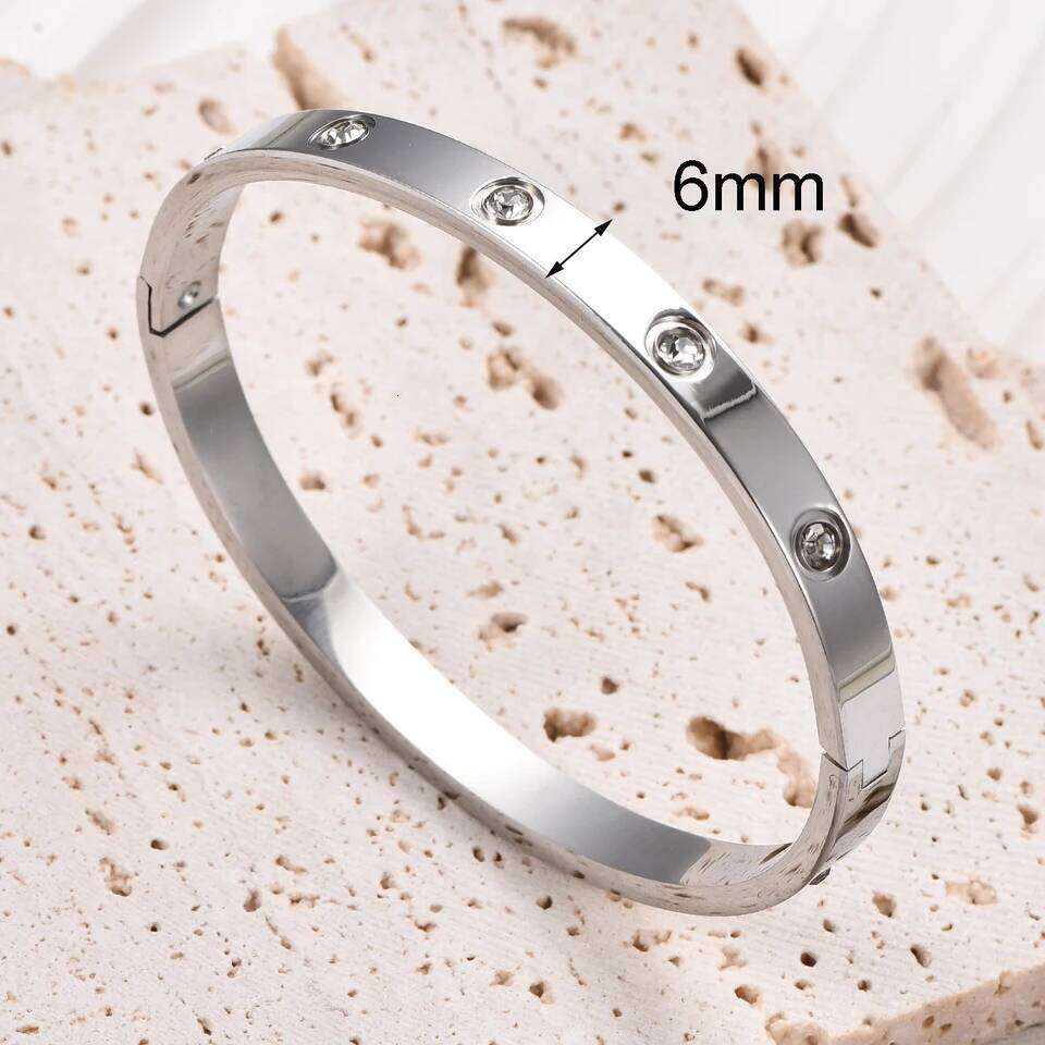 6mm Wide Exquisite Zircon Openable Bracelet for Women ,Stainless Steel Polished Bangle Bracelets,Girl Jewelry Gifts