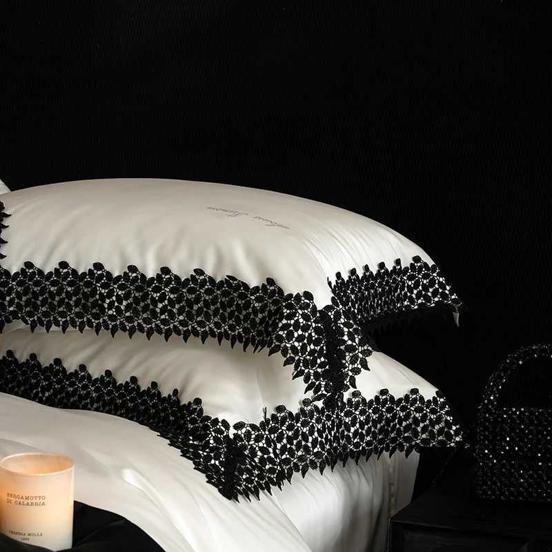 Black Lace Edge Embroidery Bedding Set 1000TC Lyocell Cotton Soft Silky Duvet Cover Set Bed Sheet/Fitted Sheet Pillowcases 4Pcs D260317