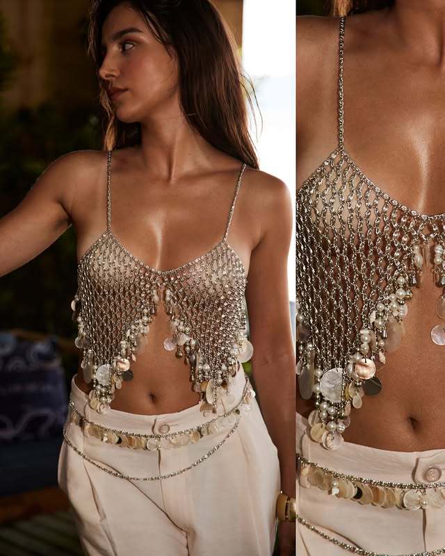 Stage Wear Sequin Circle Tassel Alloy Pendant Body Chain Vest Tank Top Chest Chain