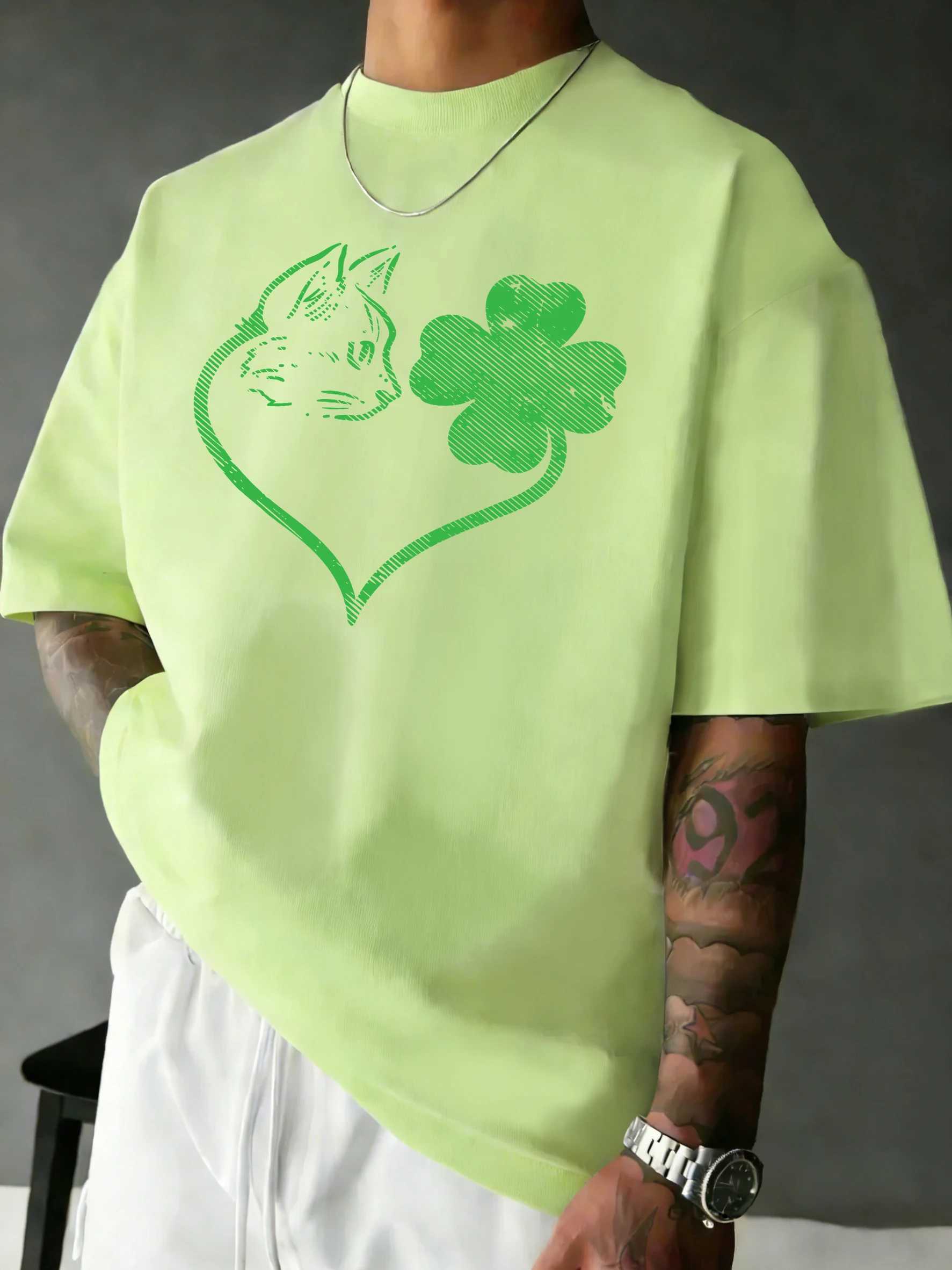 Clover Heart Catprint Basic Simple T-Shirt Man Cotton Crewneck T Shirts Summer Oversized Clothes Breathable Sport Short Sleeve M260317