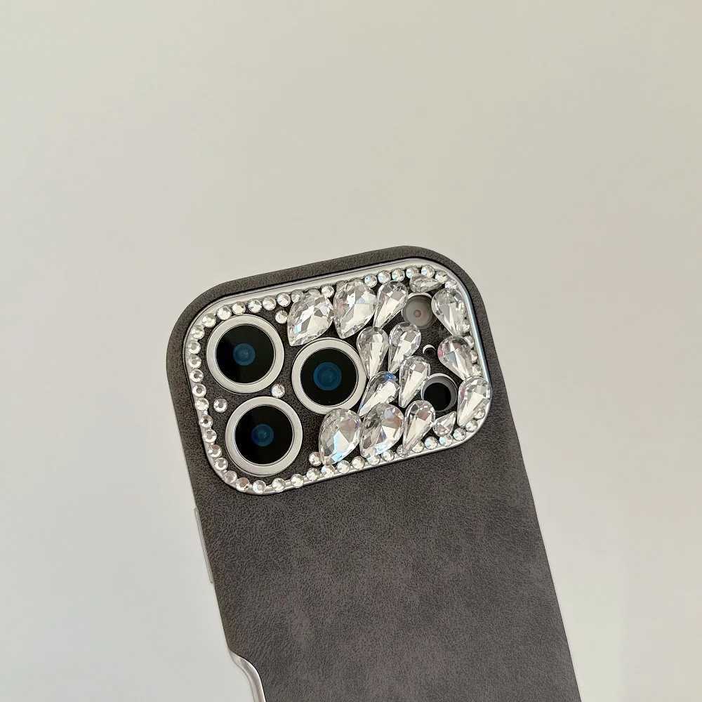 Luxury Leather Solid Color Phone Case For iPhone 17 16 15 14 Plus 13 Pro Max Rhinestone Lens Shockproof Protective Back Cover C260314