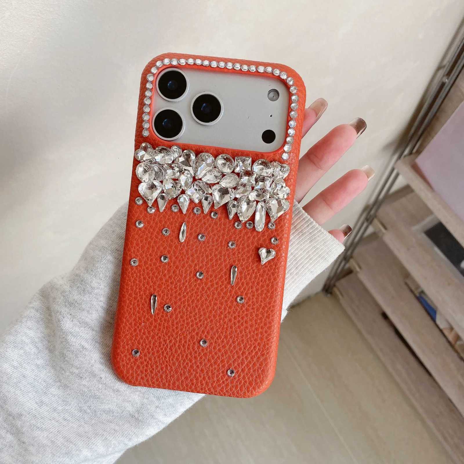 Orange Leather Glitter Diamond Phone Case for IPhone Air 17 16 Plus 12 13 14 15 Pro Max Luxury Bling Rhinestone Protective Cover C260314