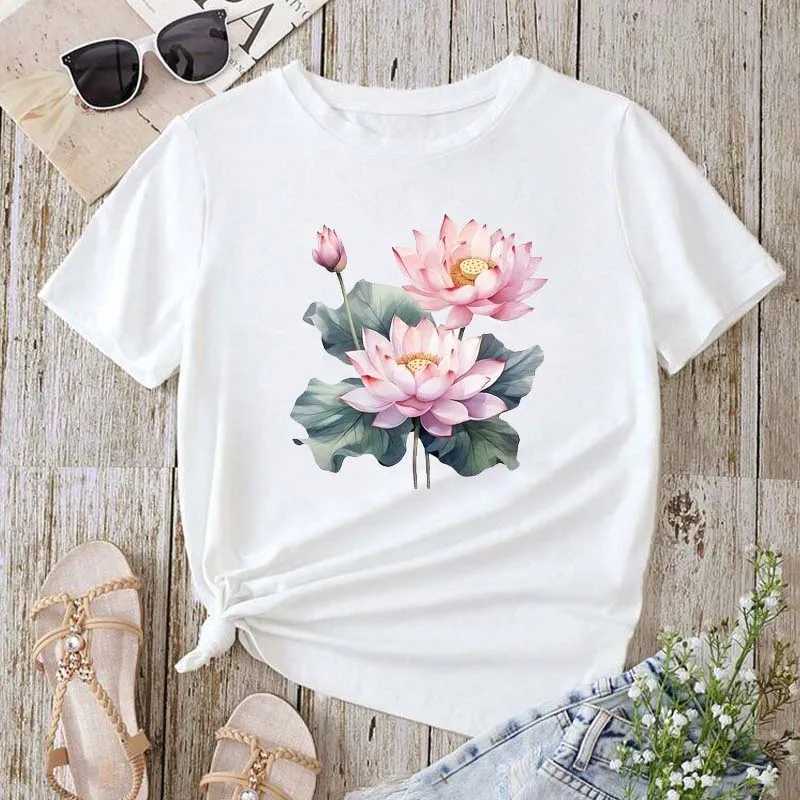Trendy Lotus Flower Print Women T-shirt Streetwear Short Sleeves Tee Tops Summer Cute Woman Clothes Tops M260317