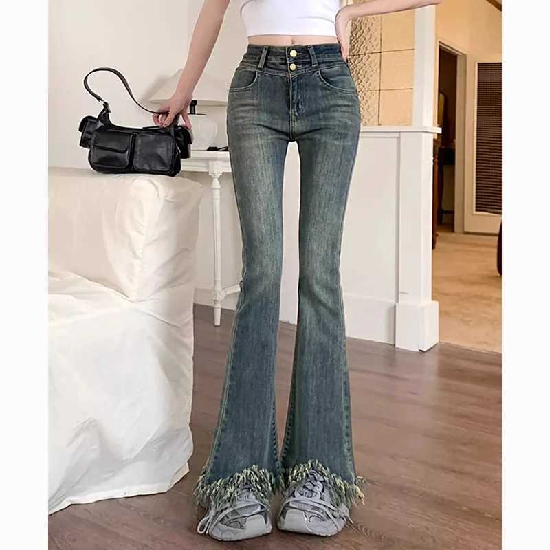 Lady Chic Ripped Designer High Waist Flared Jeans s Y2k Retro Fashion Thin Pants Female Korean Casual Denim Trousers M260317