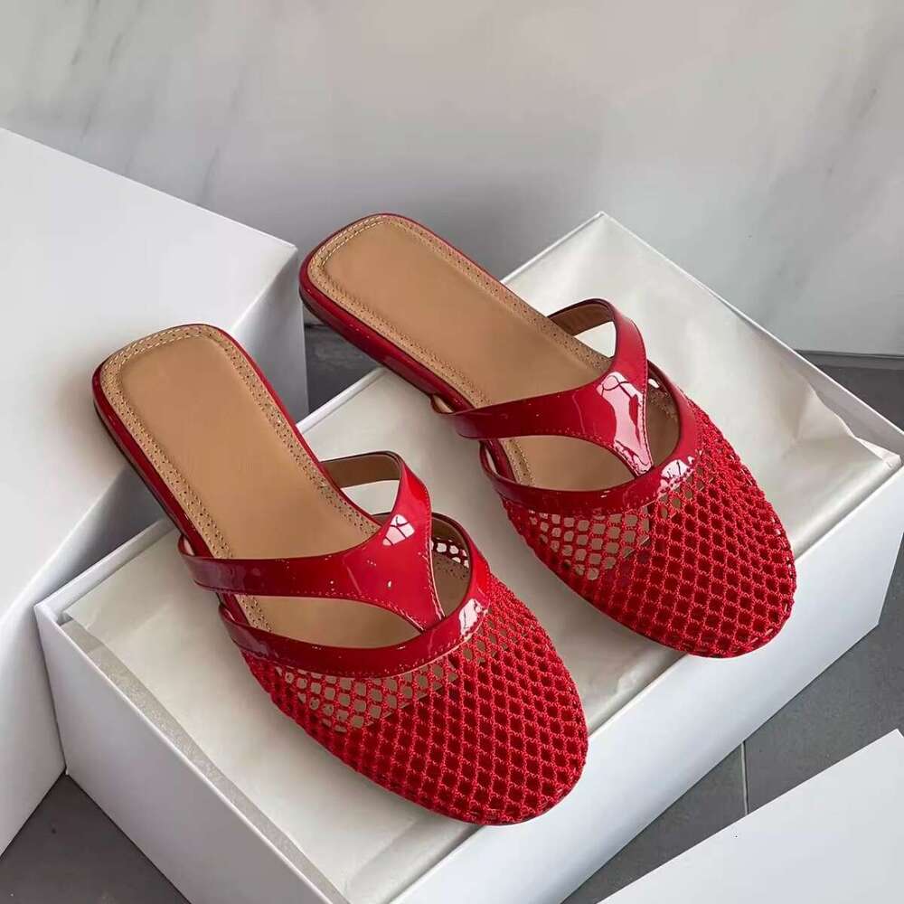 Women Supplies Spring New Fishnet Hollow Out Breathable Flip Flop Sandals With Closed Toe And Flat Sole