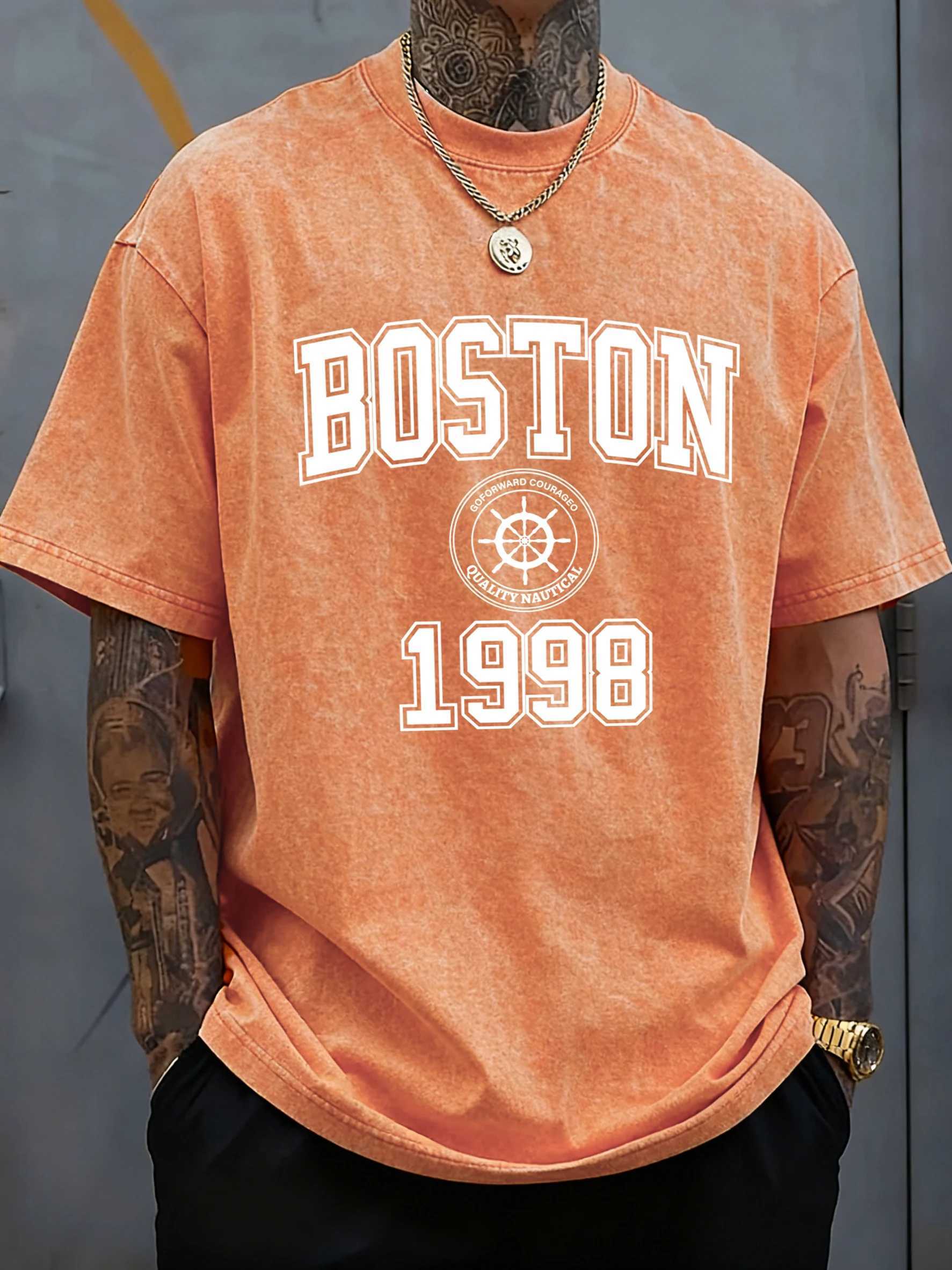 Boston City 1998 Art Letter Prints Man Summer Washed Tee Shirt Sport Soft T Shirts Cotton Loose Clothing Trendy All-Match Top M260317
