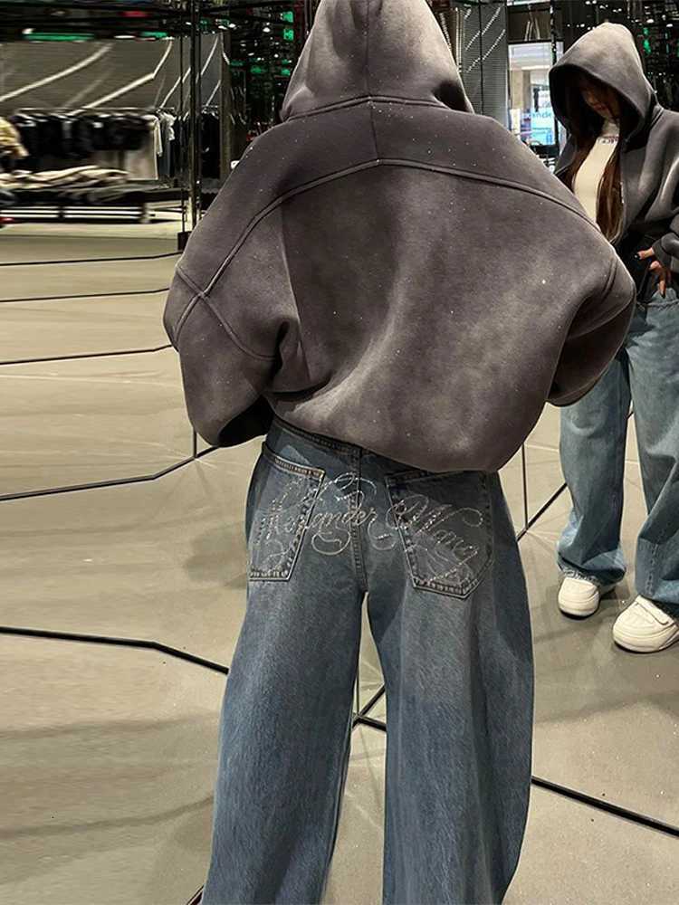 American Rhinestone Letter Denim Jeans Women Blue Vintage Straight Wide Leg Pants Chic High Waist Casual Harajuku Y2K TrousersT260317