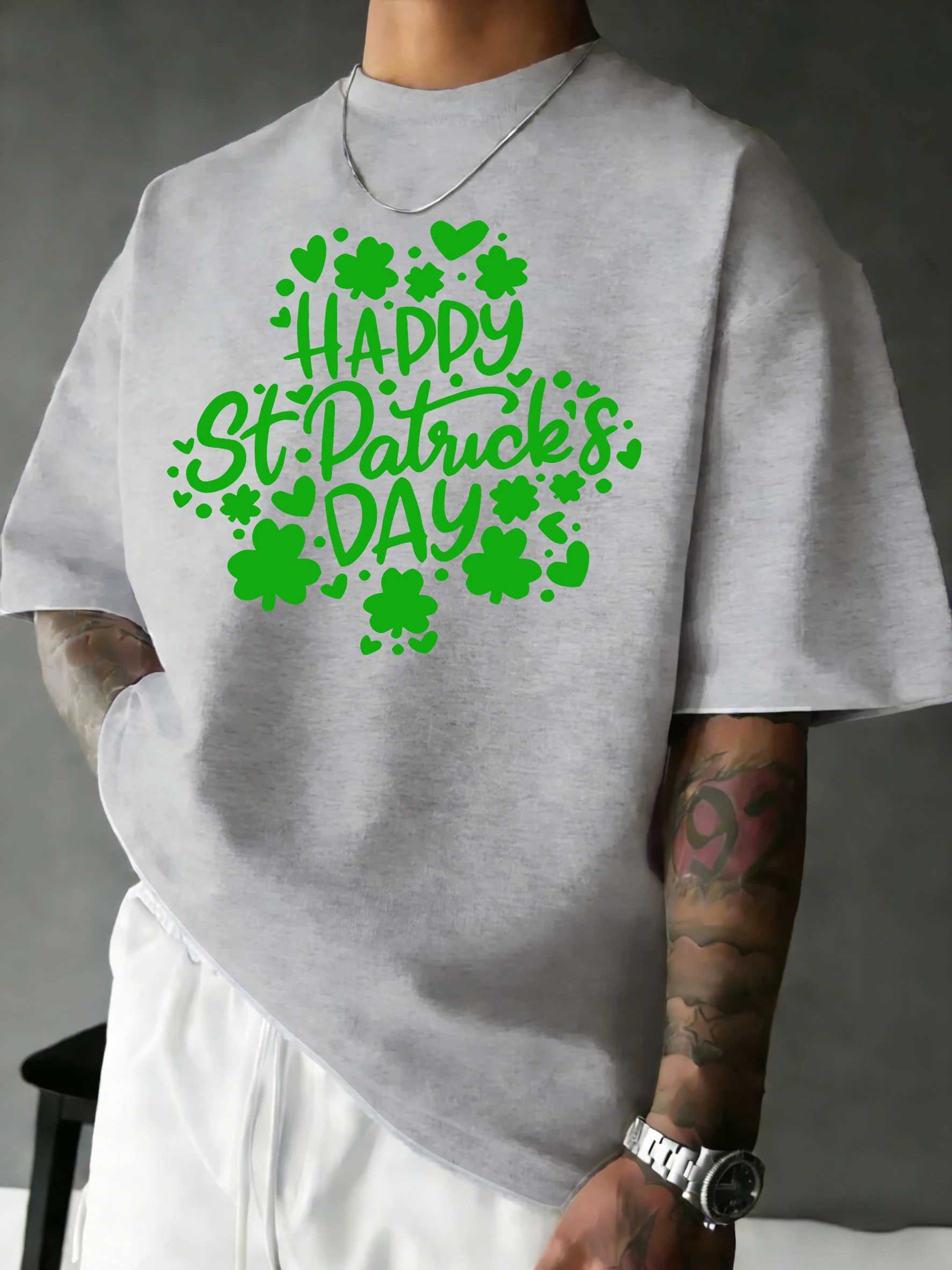 Happy St PatrickS Day Greenprinted Beach T Shirts Man Breathable Cotton T-Shirt Hip Hop Loose Tops All-Match Casual Clothing M260317