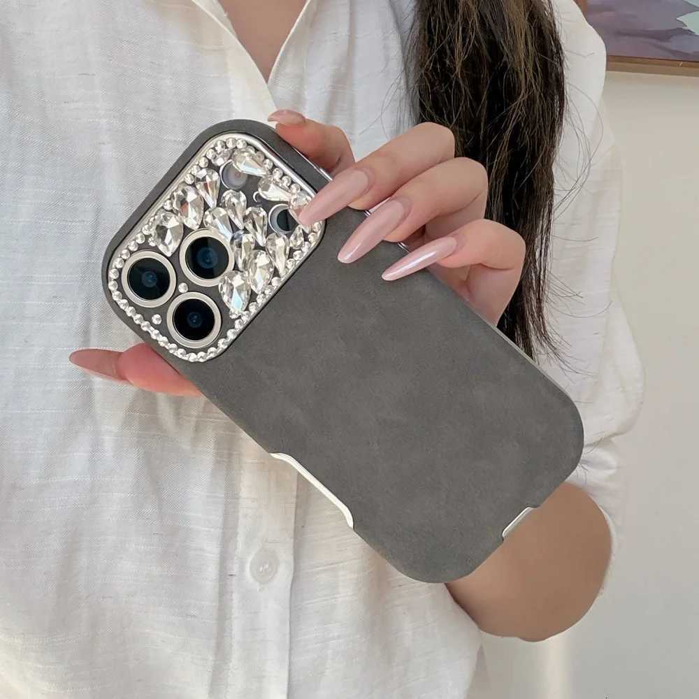 Luxury Leather Solid Color Phone Case For iPhone 17 16 15 14 Plus 13 Pro Max Rhinestone Lens Shockproof Protective Back Cover C260314