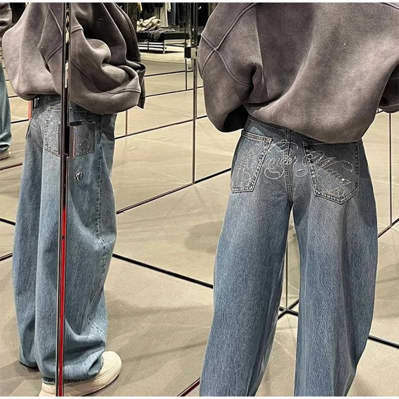 American Rhinestone Letter Denim Jeans Women Blue Vintage Straight Wide Leg Pants Chic High Waist Casual Harajuku Y2K TrousersT260317